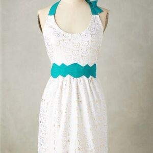 Anthropologie White and Teal Cat Apron